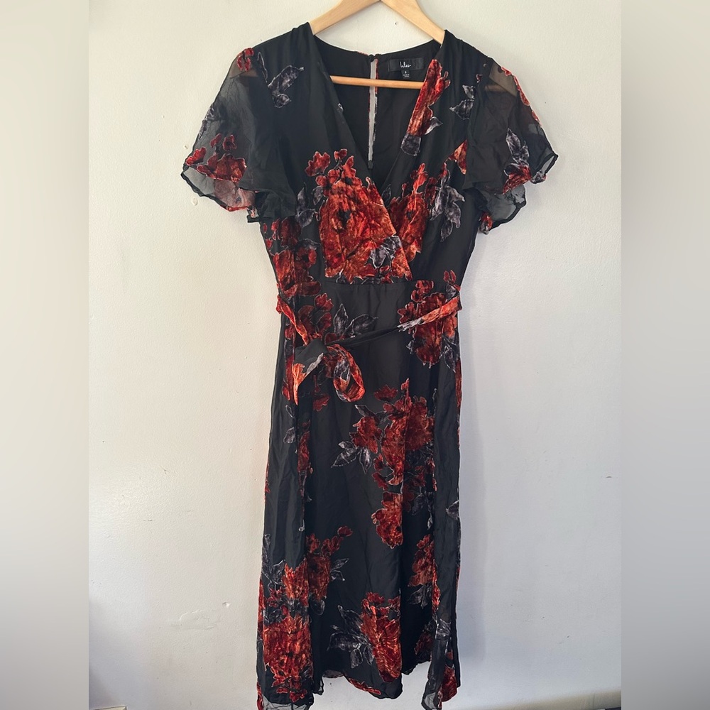Lulus Sweetest Impression Floral Velvet burnout Tie-Front Midi Dress size S - Picture 2 of 15